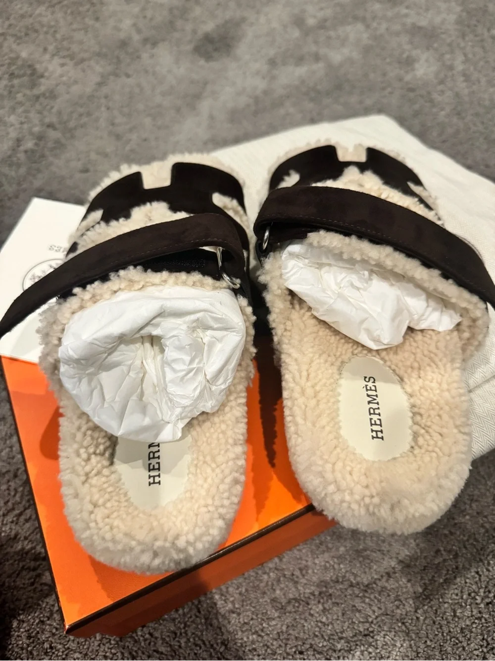Hermes Shearling Slip-On Slides in Cream and Dark Brown